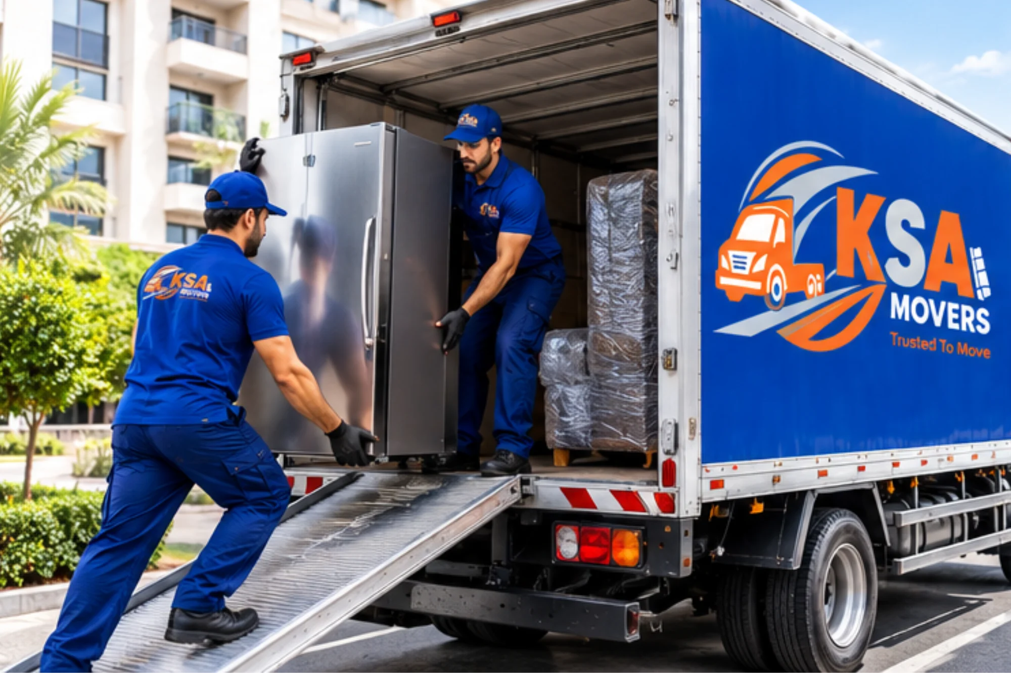 KSA Movers mover carrying a packed box at a villa