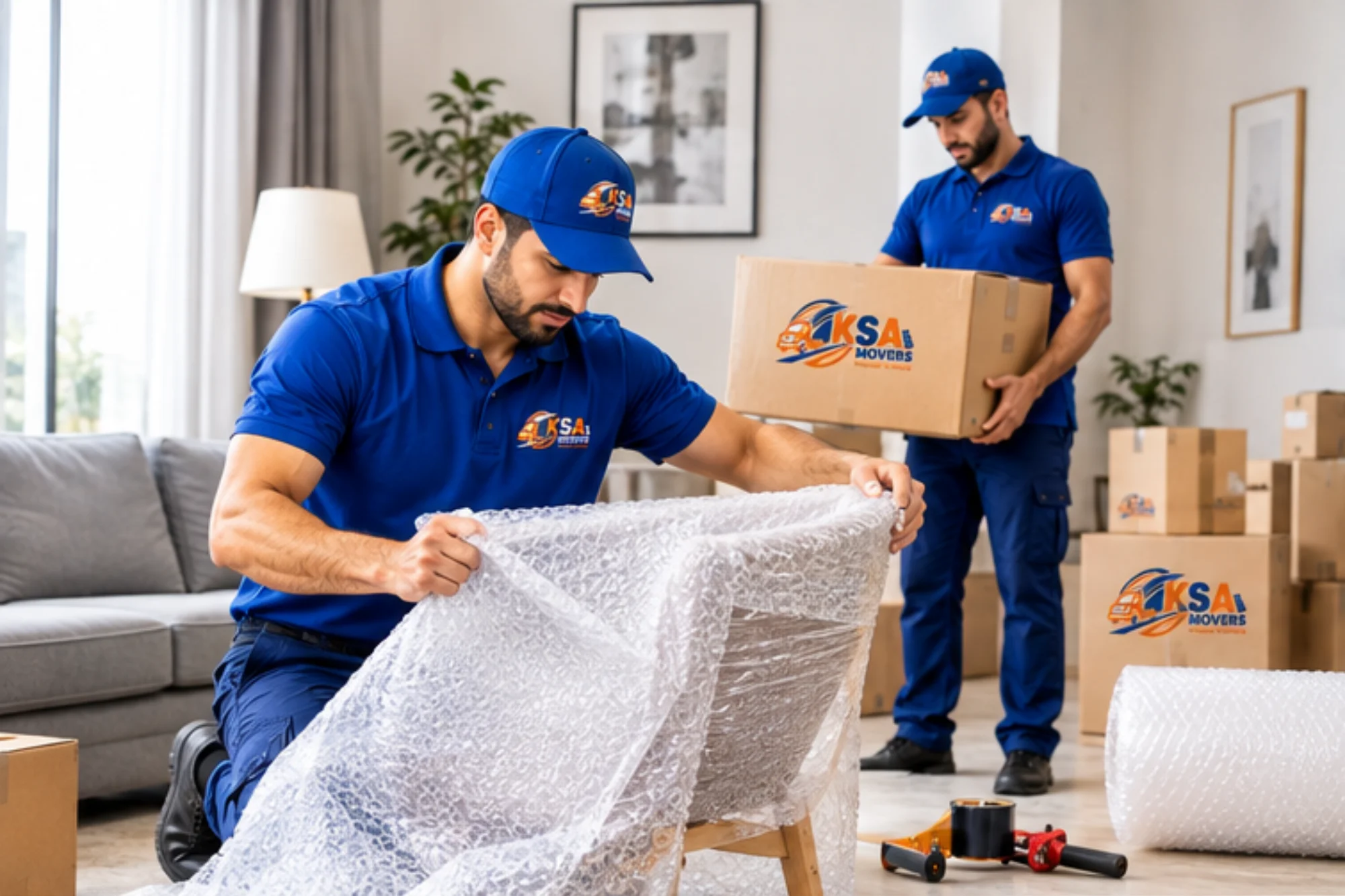 KSA Movers team carrying a packed box