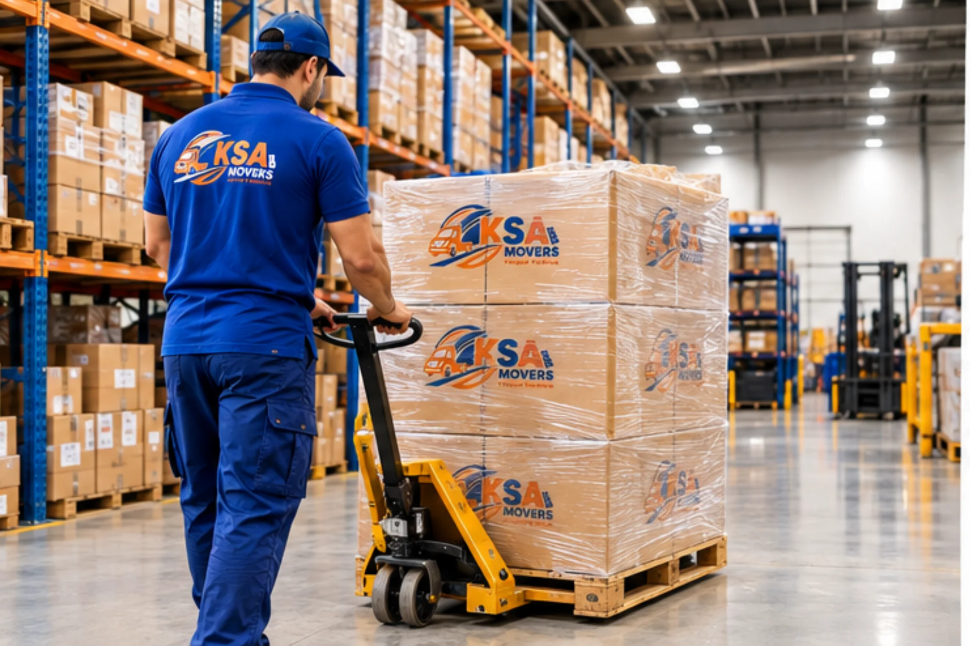 KSA Movers team storing packed boxes in a warehouse